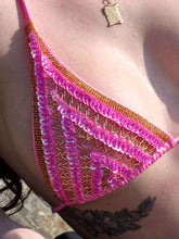 Load image into Gallery viewer, Close-up of hand-beaded bikini top featuring pink Czech beads and sparkling sequins, ideal for beach fashion.