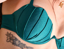 Load image into Gallery viewer, Elegant teal bikini top featuring unique textured detailing and a flattering silhouette.
