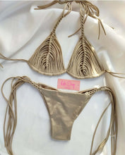Load image into Gallery viewer, Luxurious beige bikini set featuring a braided triangle top and matching bottom, perfect for summer vacation.