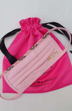 Load image into Gallery viewer, Adara hand-beaded face mask in pink with stylish drawstring pouch, showcasing elegance and practical protection.