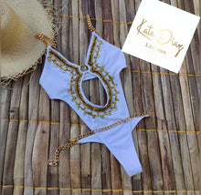 Load image into Gallery viewer, Katterine β Hand-beaded Trikini featuring intricate gold detailing and stylish chain accents.