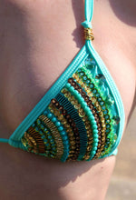 Charger l'image dans la galerie, Elegant turquoise bikini with hand-beaded design featuring Czech beads and rust-resistant chains for durability.