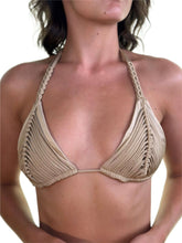 Load image into Gallery viewer, Handcrafted macramรฉ bikini top with intricate knotwork and adjustable straps, perfect for a custom fit.