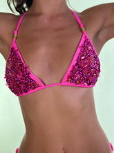 Load image into Gallery viewer, Hand-beaded fuchsia bikini top with sparkling Czech beads, showcasing exquisite craftsmanship.