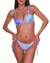 Load image into Gallery viewer, Model wearing a purple ruched bikini with adjustable straps and unique mermaid shell design.
