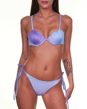 Load image into Gallery viewer, Purple ruched bikini showcasing elegant design with shell-shaped cups and adjustable ties for a customizable fit.