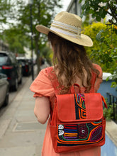 Load image into Gallery viewer, Handcrafted Tangerine Leather Rucksack with Mola Applique