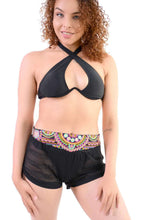 Load image into Gallery viewer, Macedonia Cover-Up: Stylish beachwear with a black bikini and colorful shorts, perfect for warm weather and beach occasions.