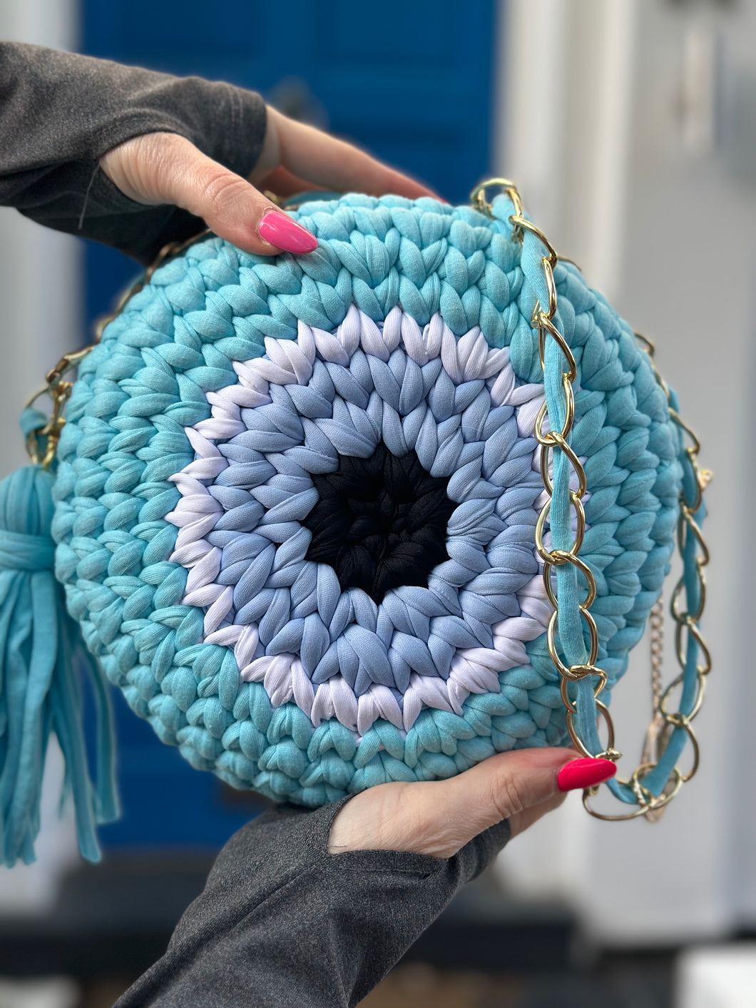 Greek Eye crochet T-shirt yarn Bag – Kate Diaz
