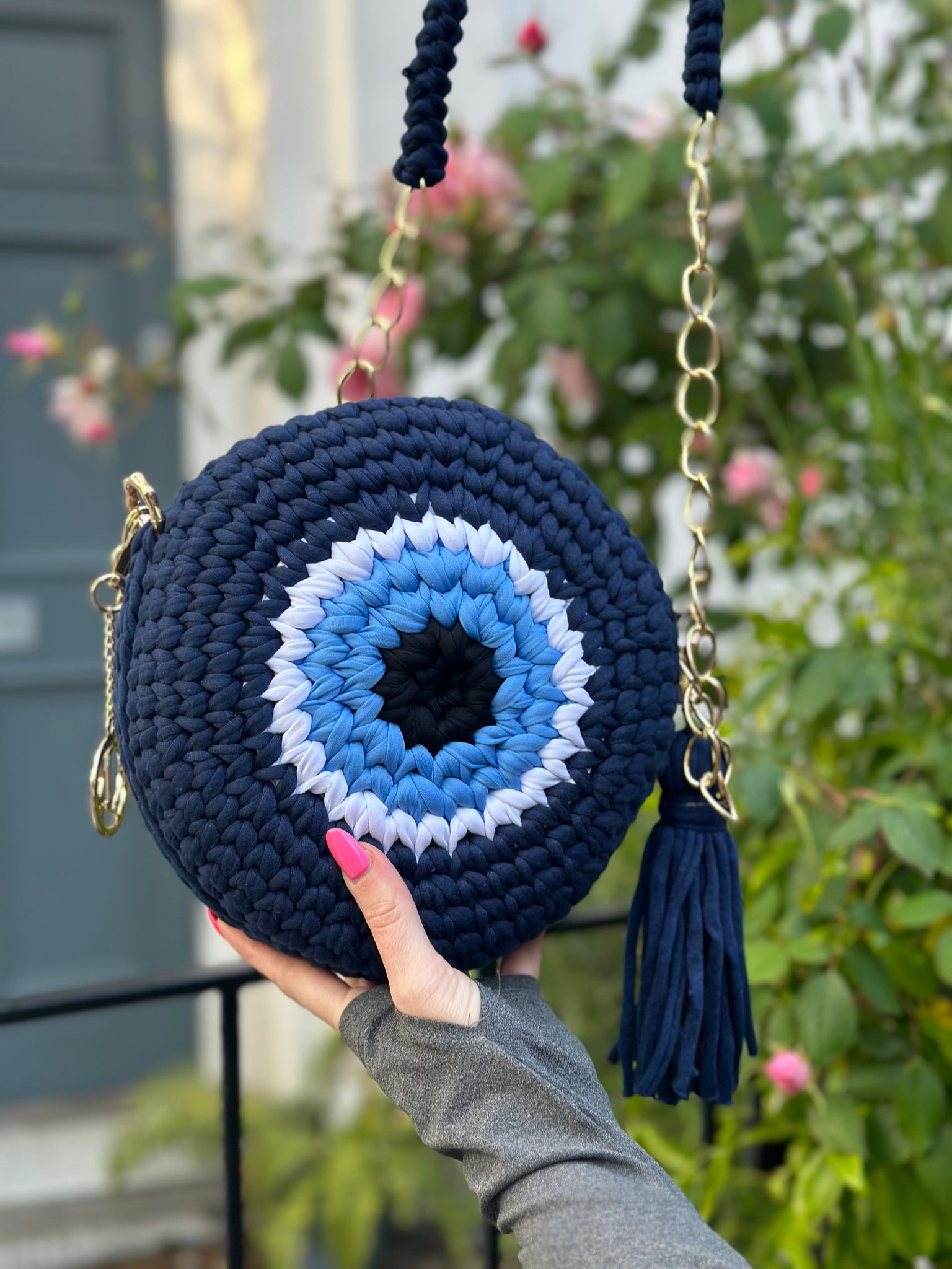 Greek Eye Crochet T-Shirt Yarn Bag Light Blue